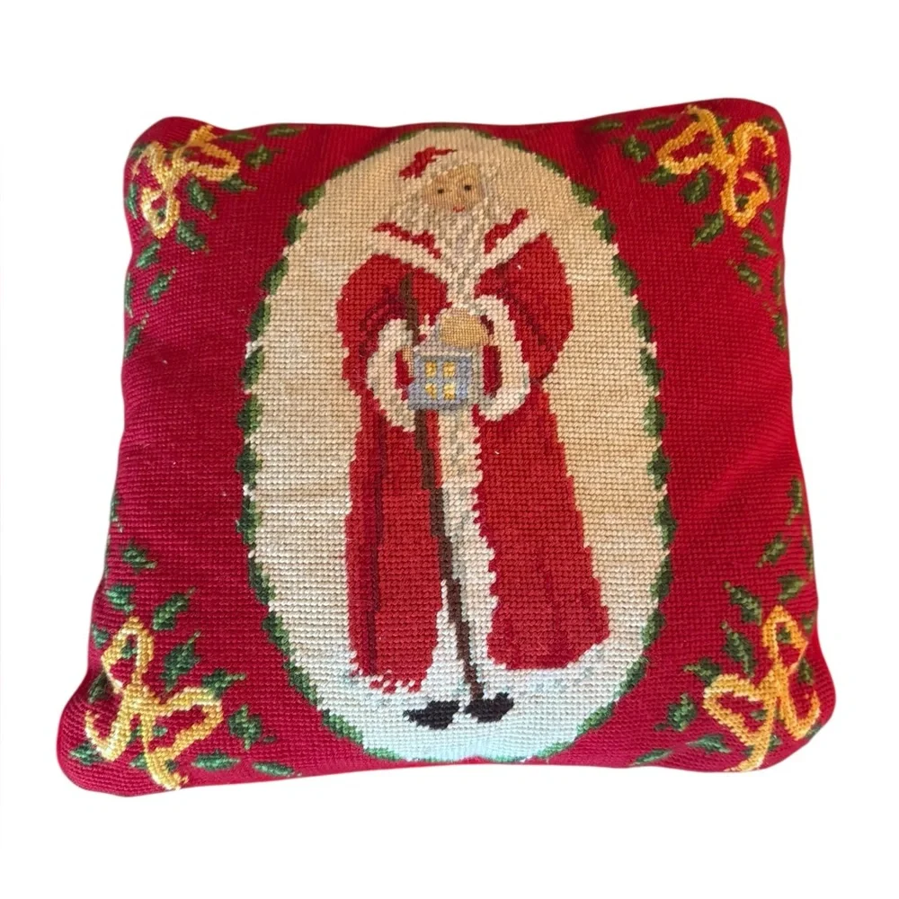 Vintage Needlepoint Santa Claus Christmas Throw Pillow With Lantern & Gold Bows